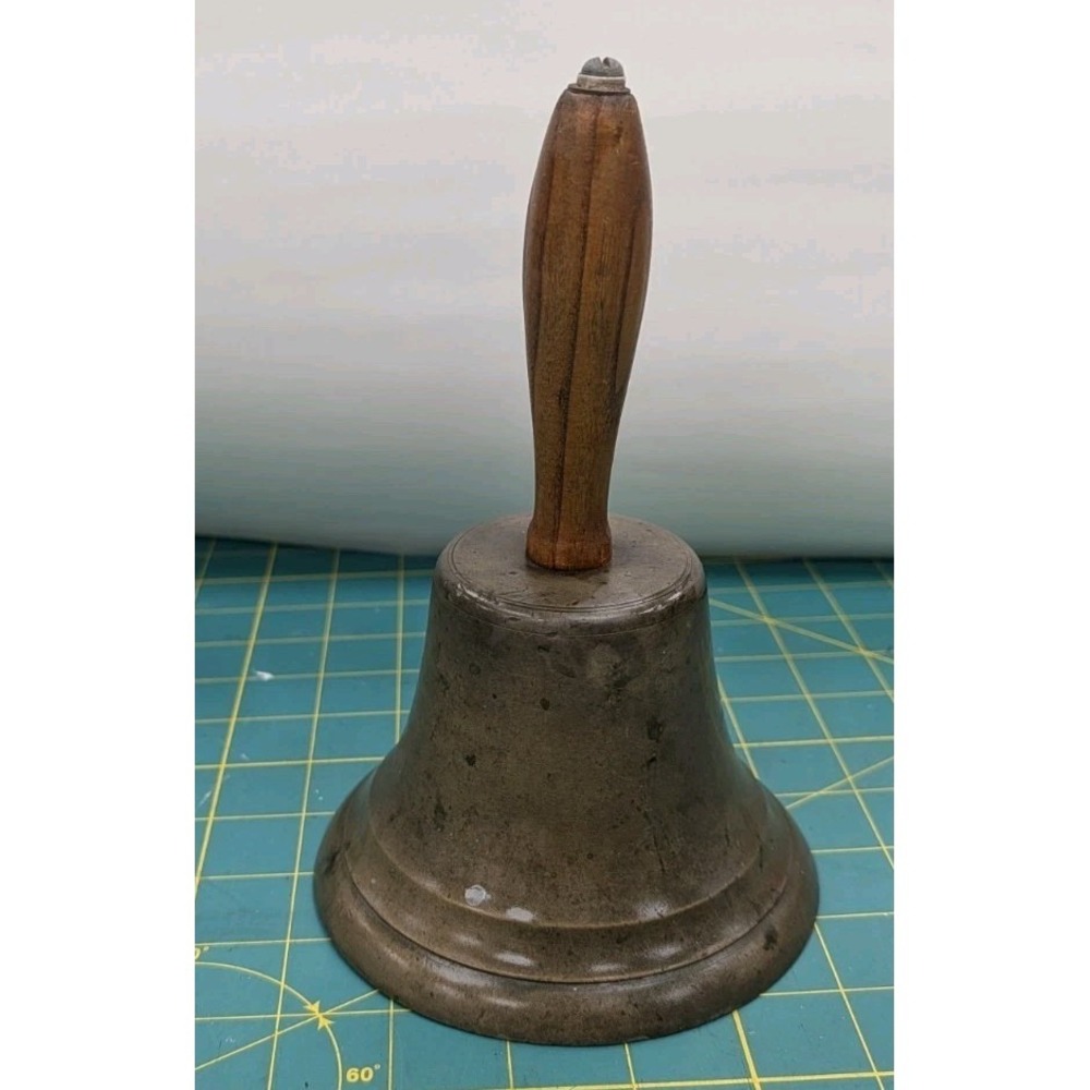 Vintage Brass School Bell 8" Height Wood Handle 5" Diameter